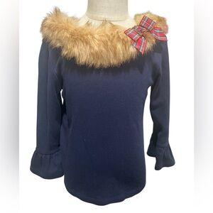 Janie and Jack Navy Blue cotton dressy holiday top with plaid ribbon size 7 new